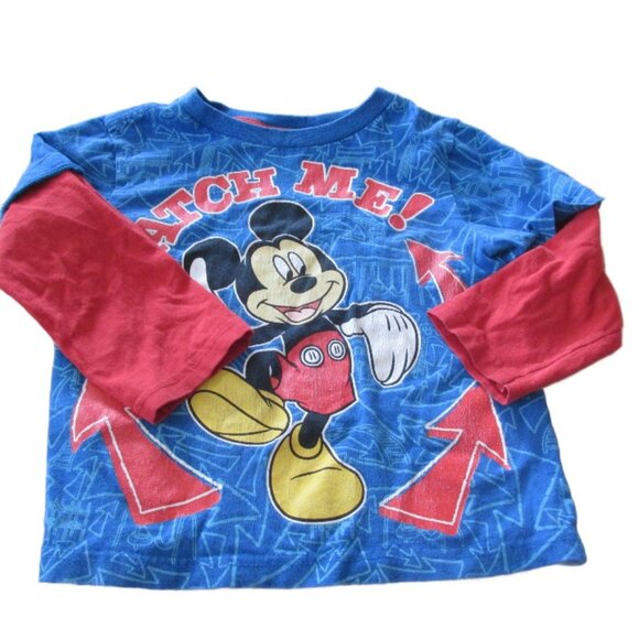 Disney‎ Mickey Mouse Pullover T Shirt Boys Size 3T Red Blue Long Sleeve Top Tee - Picture 1 of 3
